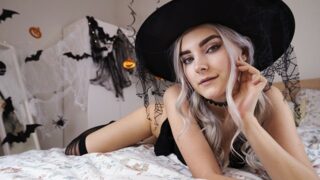 Slutty witch cosplayer blows cock and swallows cum