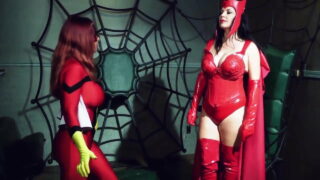 Scarlet Witch and Spider Woman cosplayers fuck each other with strap ons